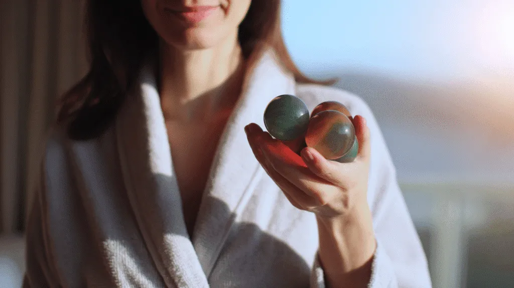 A candid full-body photo of a Caucasian woman standing in soft morning light, wearing light, cozy morning clothes (like a robe or oversized shirt), gently holding in her hand two or three elegant, smooth glass-like spheres with a shiny surface, colorful and translucent, natural smile, relaxed posture, indoors near a window, calm and bright atmosphere, warm tones, soft background blur, cinematic photography, realistic lighting, subtle shadows