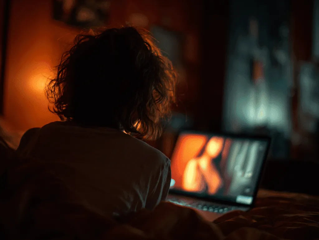 a girl, view from the back is watching something on her laptop, in bed - screen is blured, but it's visible something like body of a woman on a black tube channel, with black and orange colors, one screen only, no screen on the wall