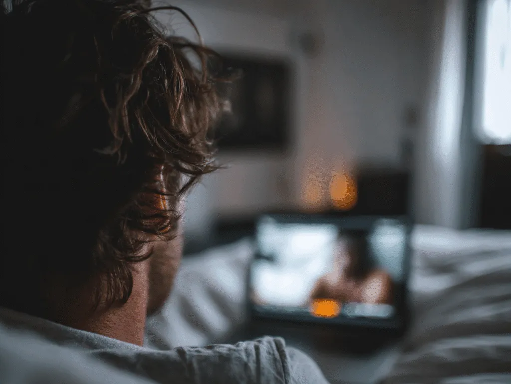 a man, view from the back is watching something on her laptop, in bed - screen is blured, but it's visible something like body of a woman on a black tube channel, with black and orange colors, one screen only, no screen on the wall, day, white room