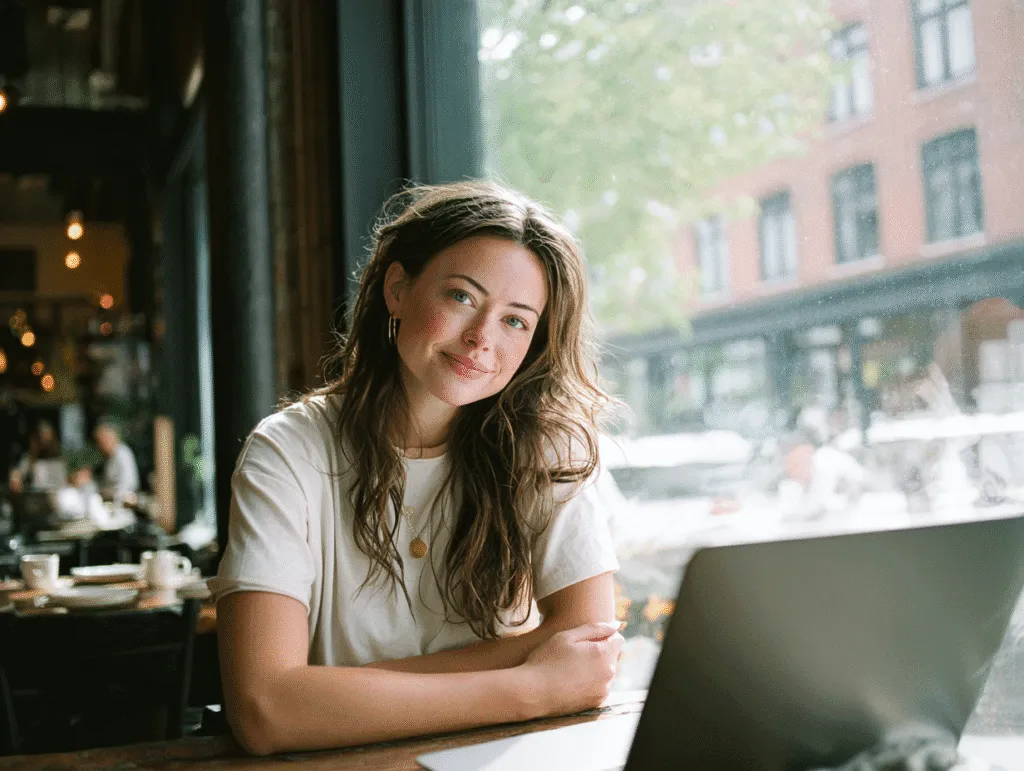 A woman drinking coffee alone at the kitchen table in the morning light, sunlight through the window, phone on the table showing an open chat, peaceful and relatable scene, lifestyle photography